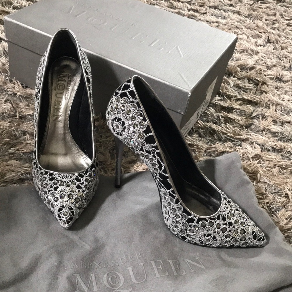 Alexander McQueen Silver on Black Sequin Embelishments High-heels, Size 36 EU